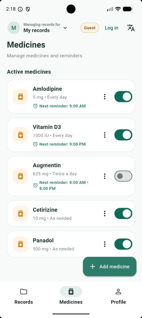 SehatRecord medicines screen with doses, schedules, and reminder toggles