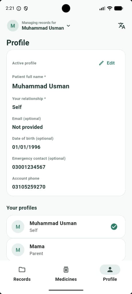 SehatRecord profile screen with active profile details and family profiles