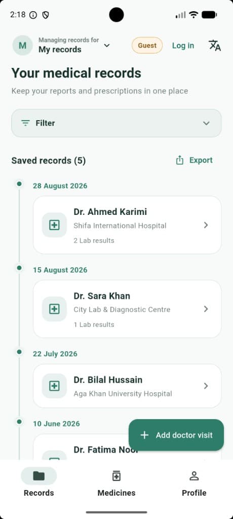 SehatRecord records screen with a doctor visit timeline, filters, and export