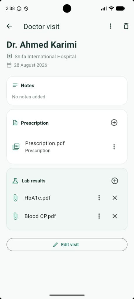SehatRecord doctor visit screen with notes, prescriptions, and lab results